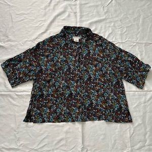 Cooperative Cropped Blue and Black Mini-Floral Print Button-Up Shirt, Size S